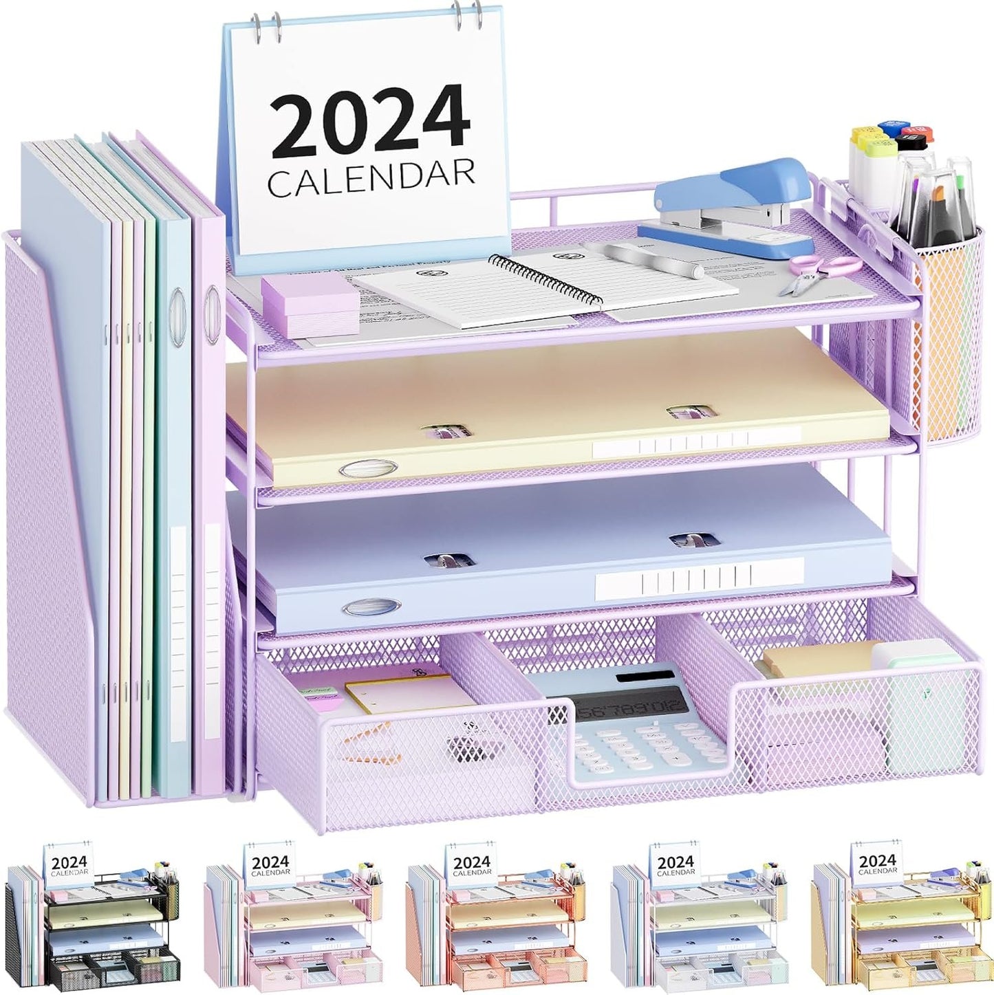 OPNICE Desk Organizer and Accessories, 4-Tier Desktop File Organizer with Drawer and 2 Pen Holders, Office Desk Accessories for Office Supplies(Purple)