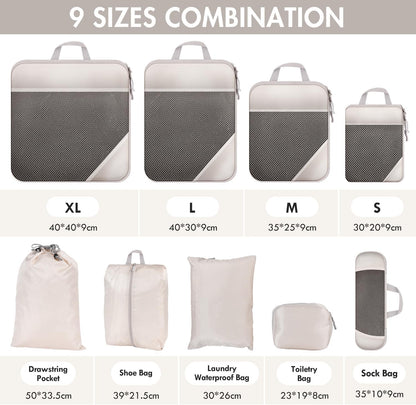 MUUKAIII Luggage Organizer Set of 9 Cubes for Travel, Compression Organizer Suitcase, Space-Saving Suitcase, Travel Organizers, Packing Cubes Set, Travel Organizer for Clothes, Ultralight, Beige