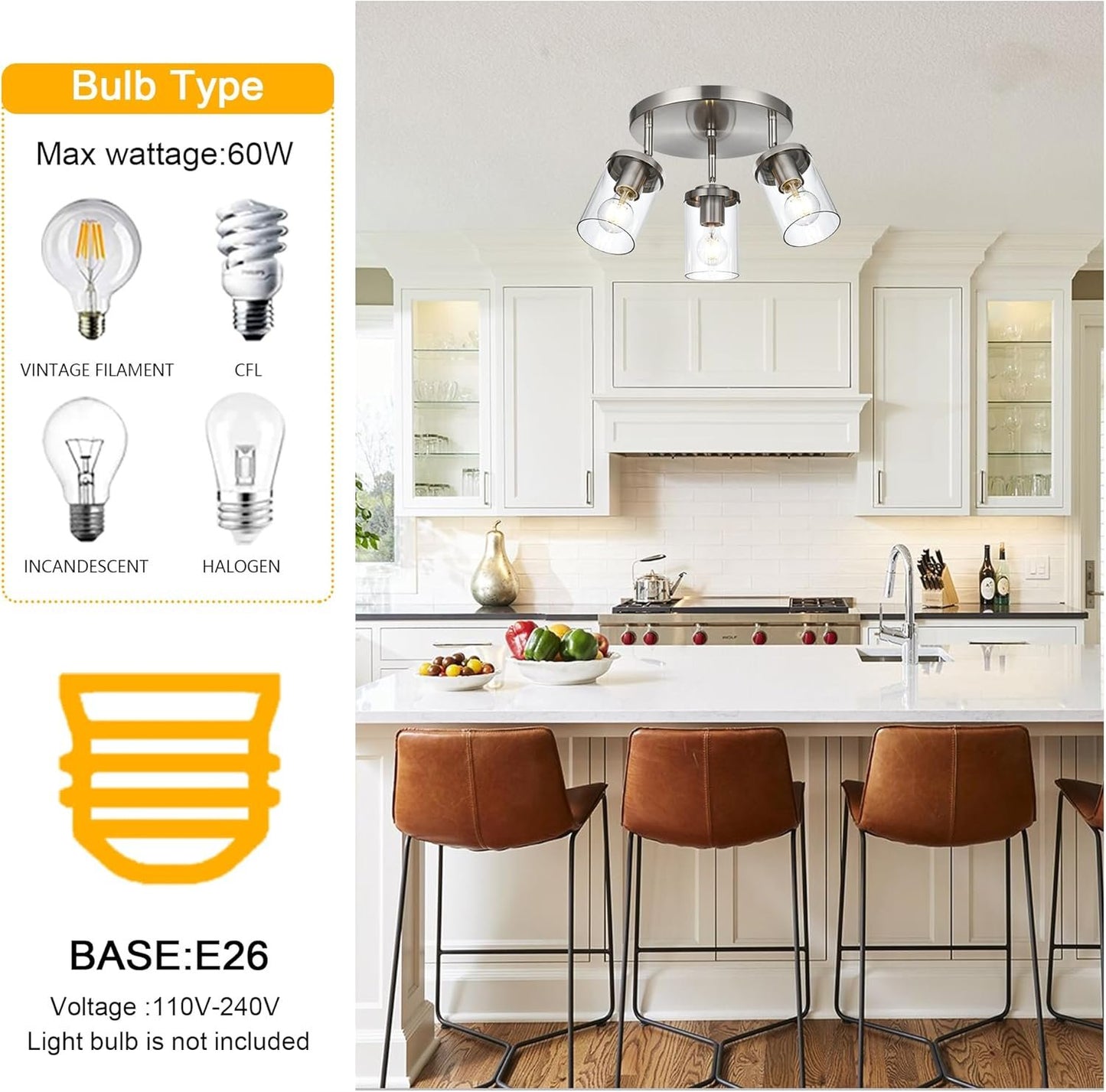 BONLICHT 3-Light Adjustable Round Spotlight Track Lighting Brushed Nickel Kitchen Light Fixture Semi Flush Mount Modern Directional Glass Hallway Ceiling Lights for Bedroom Office Picture Wall Bar