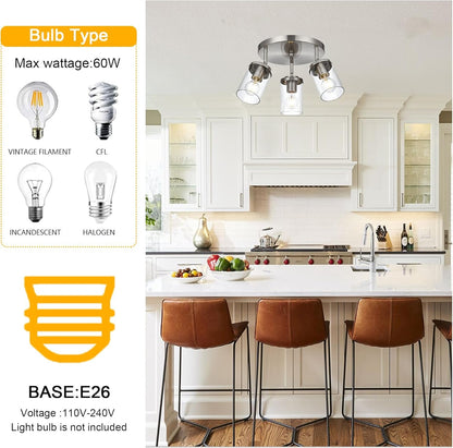 BONLICHT 3-Light Adjustable Round Spotlight Track Lighting Brushed Nickel Kitchen Light Fixture Semi Flush Mount Modern Directional Glass Hallway Ceiling Lights for Bedroom Office Picture Wall Bar