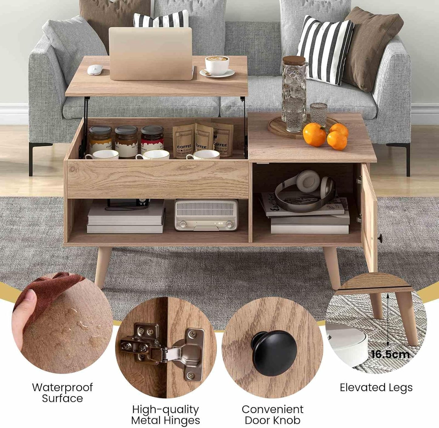 Costway Lift-Top Coffee Table, Flip Top Center Table, Small Coffee Table with Hidden Storage & Open Shelf, Convertible Office Table, Lift Tabletop Dining Table for Living Room (Natural)