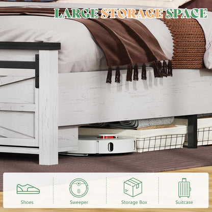 Jocisland 48.8" Farmhouse Wood Bed Frame Full Size with Sliding Barn Door Storage Cabinets and Headboard, No Box Spring Needed, Solid Wood Slats Support, No Squeak, Antique White