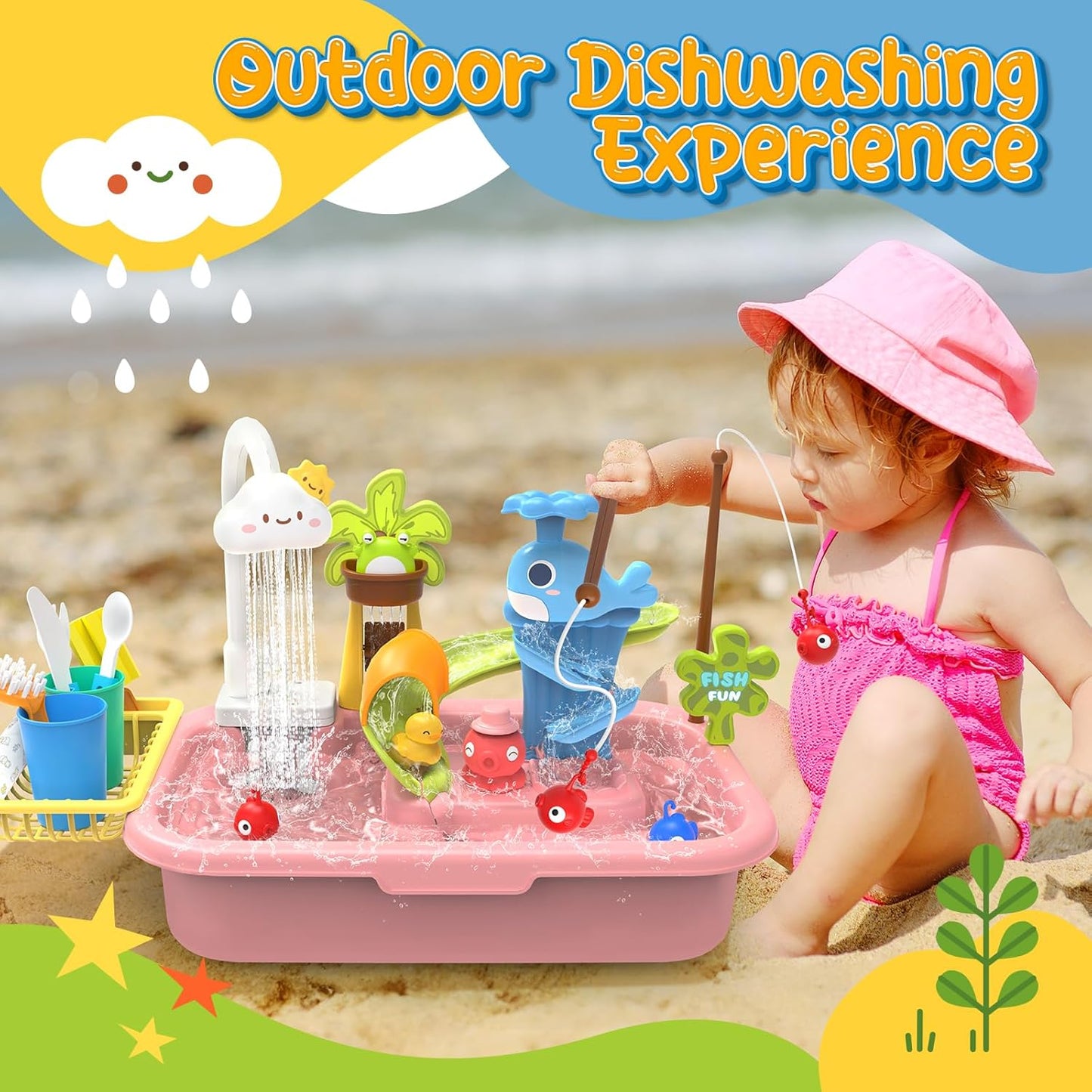 Play Sink with Running Water, 4-in-1 Kids Kitchen Sink Toys with Electric Faucet, Water Table Floating Pool Toy w/Fishing Game, Duck Slide, Pretend Play Dishwasher Set for Toddler Boys Girls (Pink)