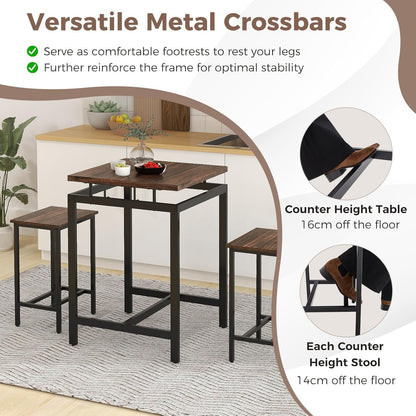 Giantex Counter Height Table with 2 Stools, Pub Dining Table Set with Floating Tabletop & Footrest, Breakfast Table Set for Small Space, Industrial Bistro Set for Apartment Kitchen, Rustic Brown