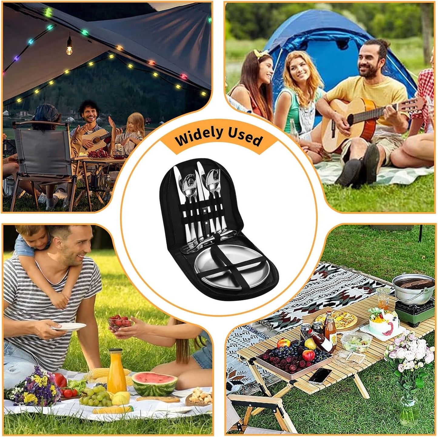 10-Pieces Outdoor Cutlery Set for Picnic, Portable Double Tableware Kit, Stainless Steel Silverware Set with Organizer Bag, Spoon Clip Serrated Knife Fork Plate Utensil Set for Travel Camping (Silver)