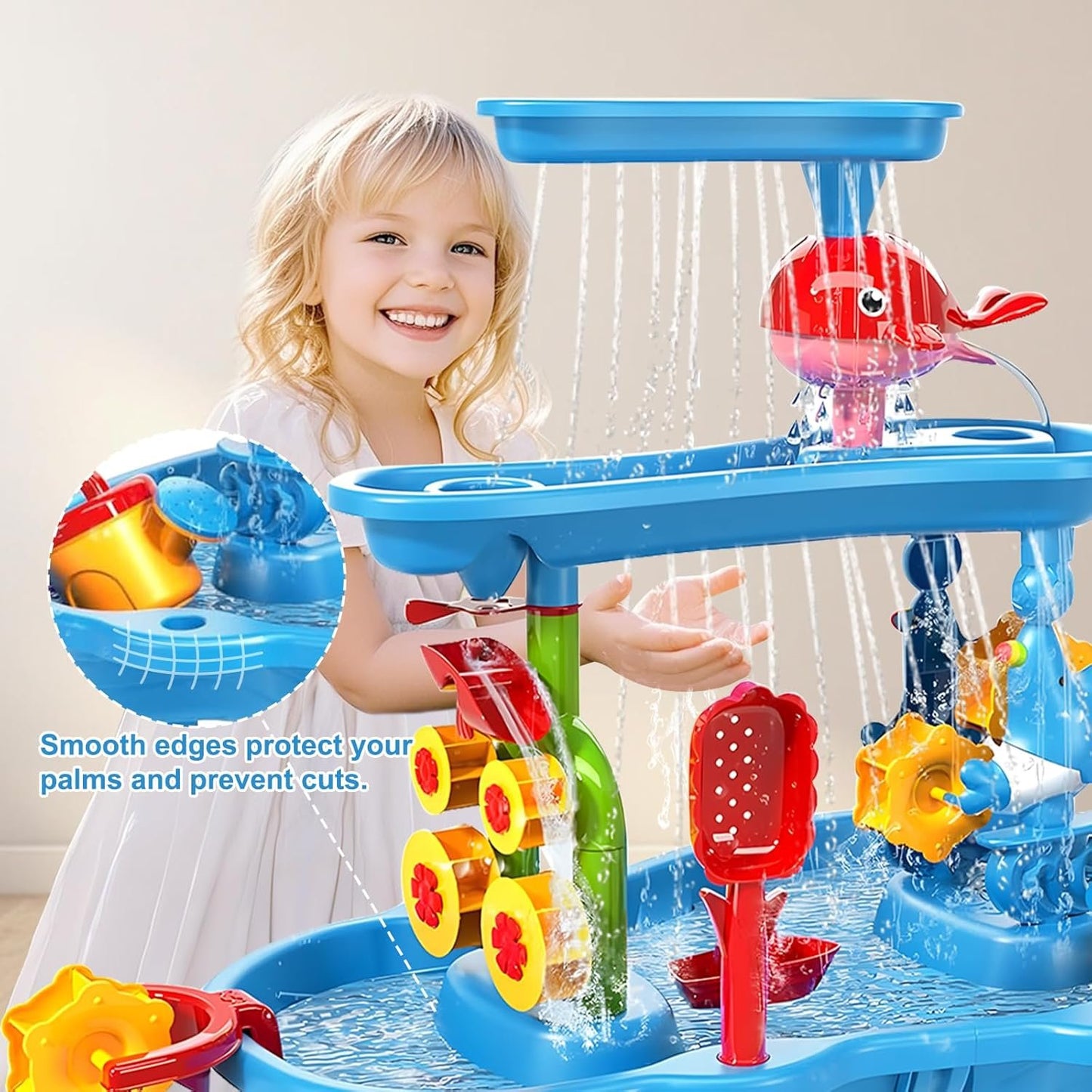 Water Table for Toddlers 3-5 | 3-Tier Kids Water Table Toys, Rain Showers Splash Pond for Outdoor Beach Backyard Summer, Outdoors Play Sensory Play Table Pond for Boys Girls 3-5 4-8