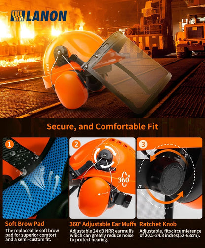 LANON Chainsaw Helmet Forestry Safety Helmet Protection System,ANSI Approved Hard Hats with Adjustable Ear Muffs & Face Shield Visor, 6 Point Adjustable Ratchet Suspension, Class C, Orange
