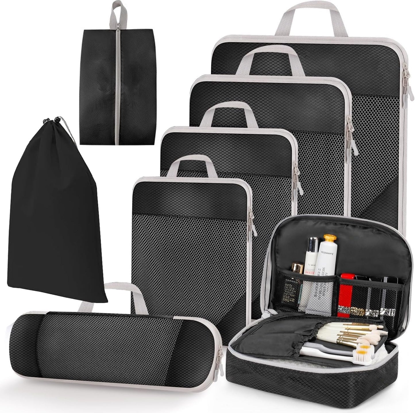 Packing Cubes Compression Packing Cubes for Travel, JOYCHER Travel Packing Organisers Cubes Accessories Mesh Compression Bags Luggage for Man & Women Suitcases (Black)