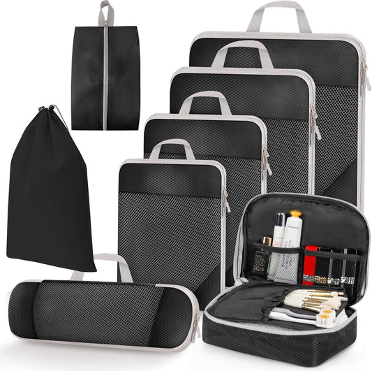 Packing Cubes Compression Packing Cubes for Travel, JOYCHER Travel Packing Organisers Cubes Accessories Mesh Compression Bags Luggage for Man & Women Suitcases (Black)