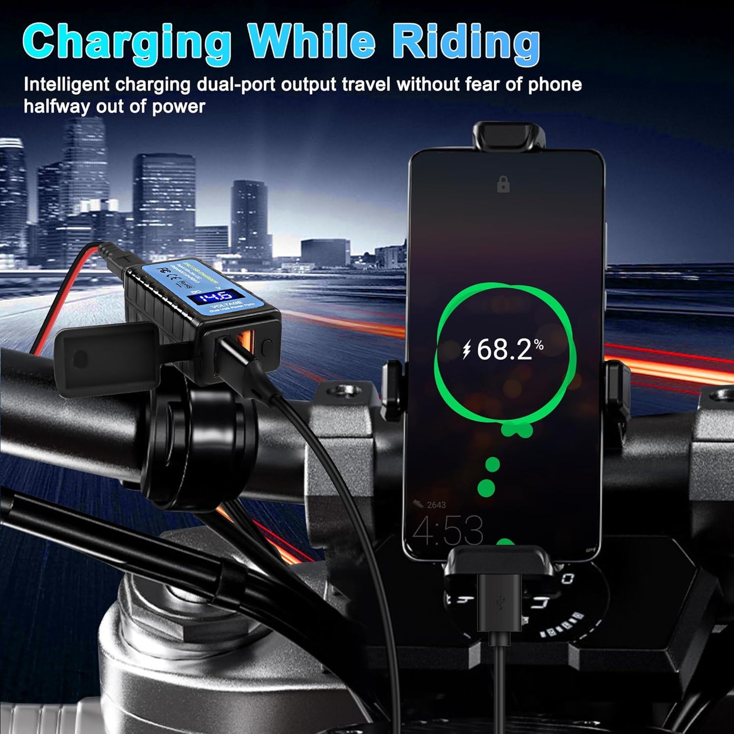 MEIRIYFA Motorcycle USB Phone Charger, SAE to Dual USB Phone Tablet GPS Charger Adapter 3A Fast Charger with Dual USB QC3.0, Voltmeter, ON/Off Switch Waterproof Motorcycle Accessories