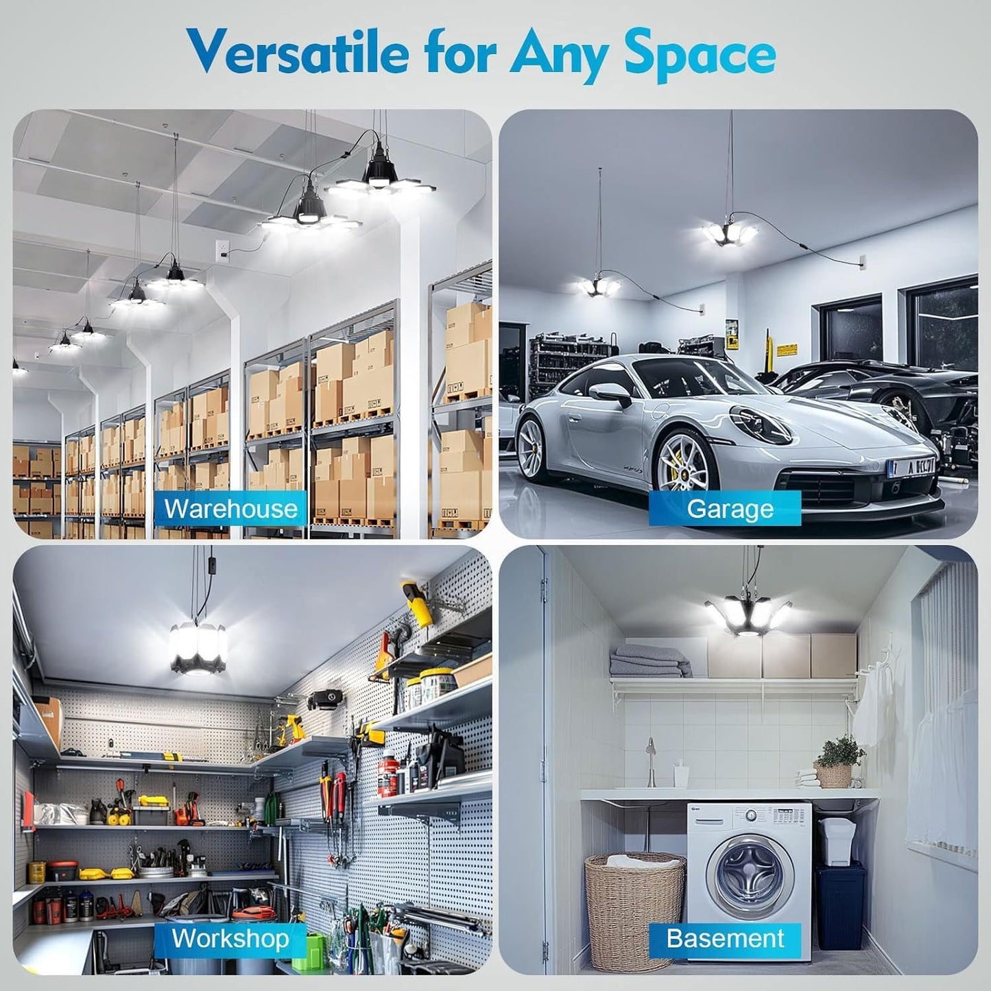 TANBABY Upgrade 250W LED Garage Lights Plug in 2 Pack, Total 50000LM Deformable Garage Lights Ceiling LED Plug in Cord, Plug in Shop Lights for Garage Lighting with 8+1 Panels Garage Bulb for Basement