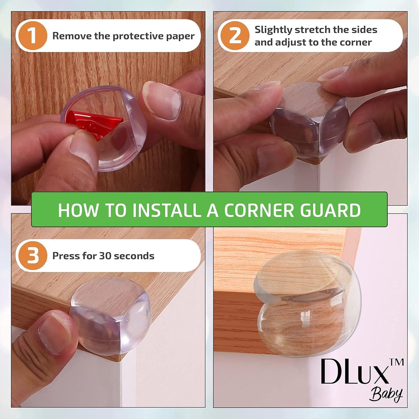 DLux Corner Guards - Set of 16 Clear Silicone Furniture Bumper Protectors with Replacement Tapes - Strong Acrylic Tape Backing, Easy to Install - Edge Guards for Tables, Beds, Countertop