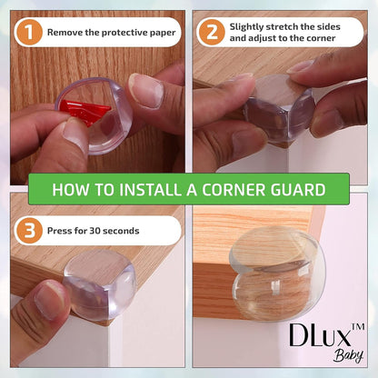 DLux Corner Guards - Set of 16 Clear Silicone Furniture Bumper Protectors with Replacement Tapes - Strong Acrylic Tape Backing, Easy to Install - Edge Guards for Tables, Beds, Countertop