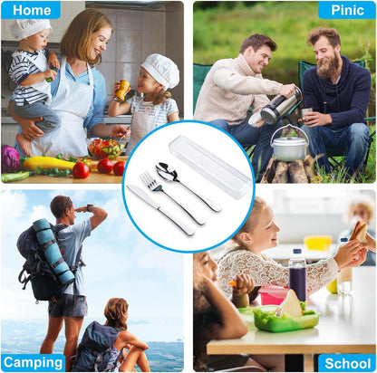 4PCS Premium Travel Utensils with Case, Stainless Steel Reusable Portable Utensils Set with Case, Lengnoyp Travel Silverware Set with Case for Lunch Box Including Fork Spoon Knife Set, Silver