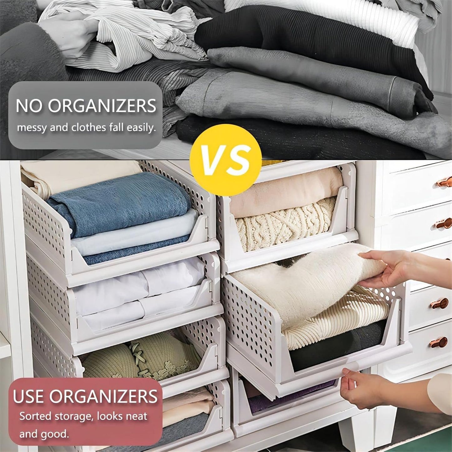 Stackable Plastic Storage Basket, Foldable Closet Organizers and Storage Bins, Drawer Organizer for Clothes, Storage Box for Wardrobe Kitchen Bathroom Office Dorm - 4 Pack L