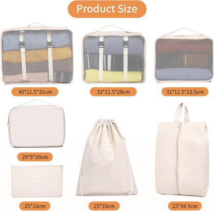 SUPERBE Luggage Organizer, Set of 7 Waterproof Packing Cubes for Travel, Shoes, Underwear - Travel Set (Beige)