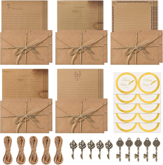 RAORAOYUE 5 Set Vintage Stationery Paper and Envelopes Set, 20 Stationary Paper 10 Kraft Envelopes 10 Sealing Sticker 10 Metal Accessories