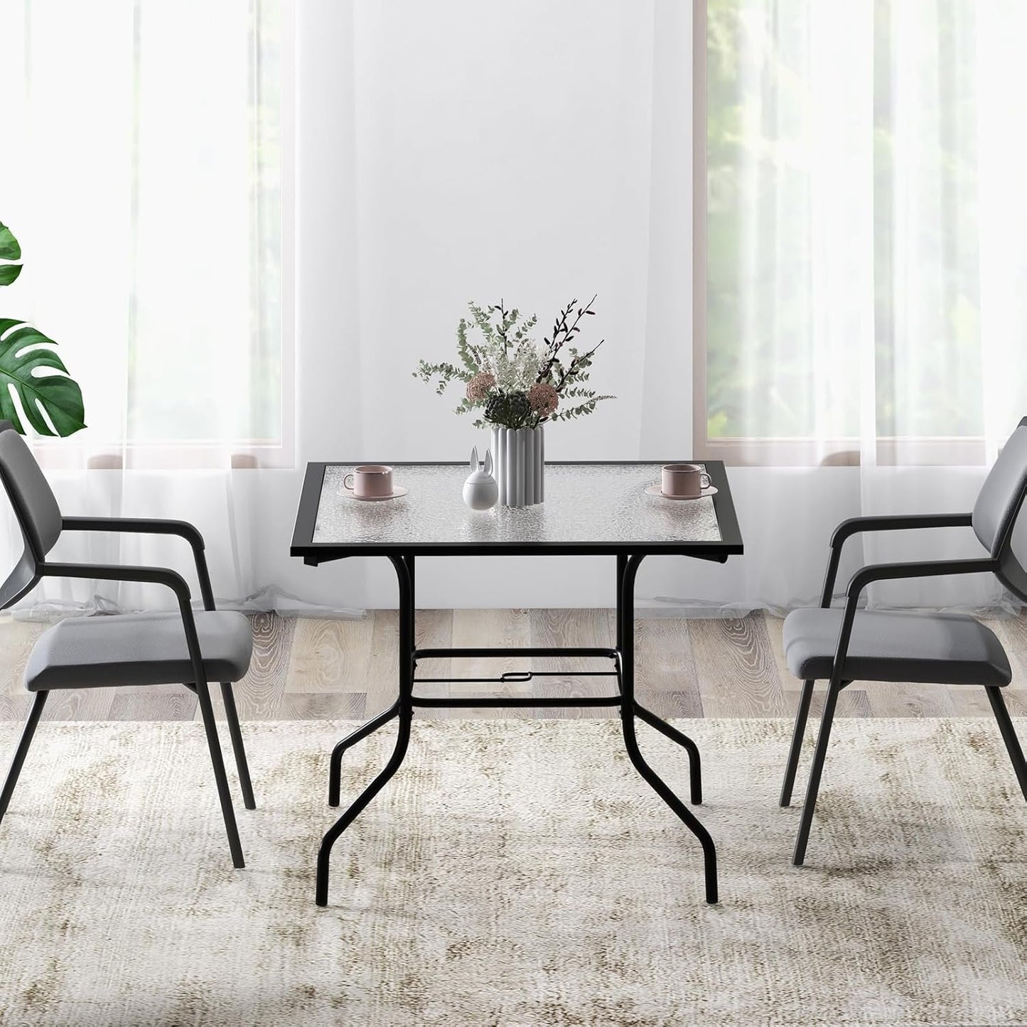 HAPPYGRILL Patio Square Dining Table 35" x 35", Outdoor Dining Table with Tempered Glass Tabletop & 1.5" Umbrella Hole, Metal Bistro Table for Garden Backyard and Porch
