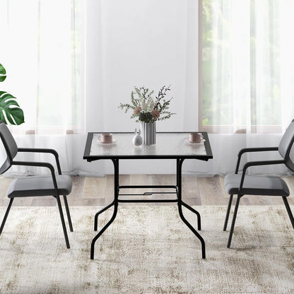 HAPPYGRILL Patio Square Dining Table 35" x 35", Outdoor Dining Table with Tempered Glass Tabletop & 1.5" Umbrella Hole, Metal Bistro Table for Garden Backyard and Porch