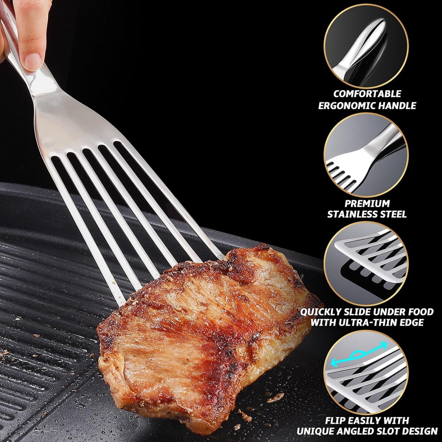 Fish Spatula Stainless Steel Combo - 1 Large Fish Turner + 1 Small Griddle Spatula, Metal Kitchen Tool With Thin Edge for Turning & Flipping