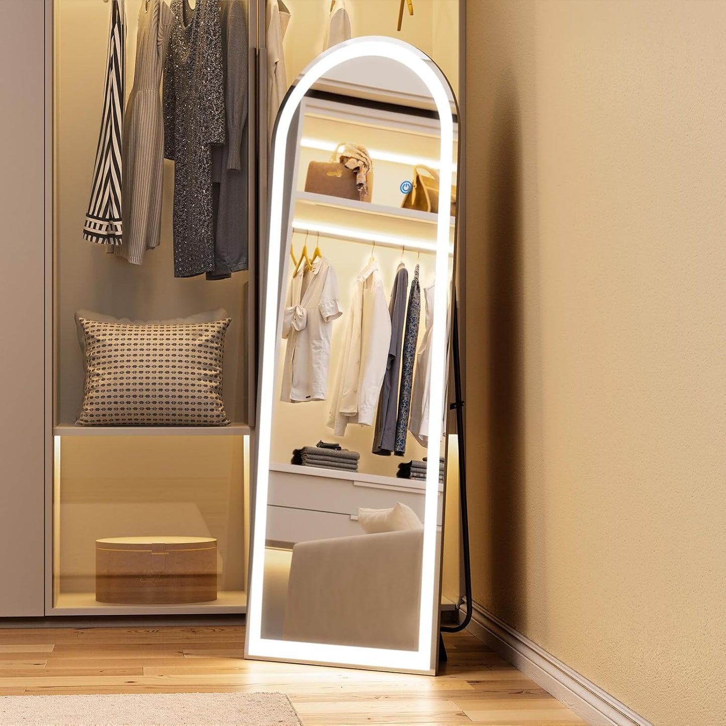 Koonmi Arched LED Full Length Mirror 20" x 56" Wall Mounted/Standing Full Body Mirror with Dimmable & 3 Color Lighting, Aluminum Alloy Frame, Tempered Glass, Safe to Use, for Bedroom/Cloakroom