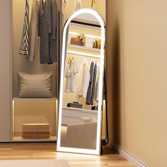 Koonmi Arched LED Full Length Mirror 20" x 56" Wall Mounted/Standing Full Body Mirror with Dimmable & 3 Color Lighting, Aluminum Alloy Frame, Tempered Glass, Safe to Use, for Bedroom/Cloakroom