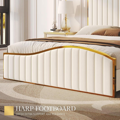 Jocisland King Size Bed Frame, 61.4" High Headboard Platform Bed Velvet Upholstered with Gold Trim & Footboard/Wooden Slats/No Box Spring Required/Cream