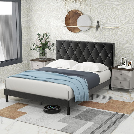 Queen Bed Frame Upholstered Platform Bed with Headboard and Sturdy Wooden Slats/No Box Spring Needed/Noise-Free/Easy Assembly (Rhomboid Black, Full)