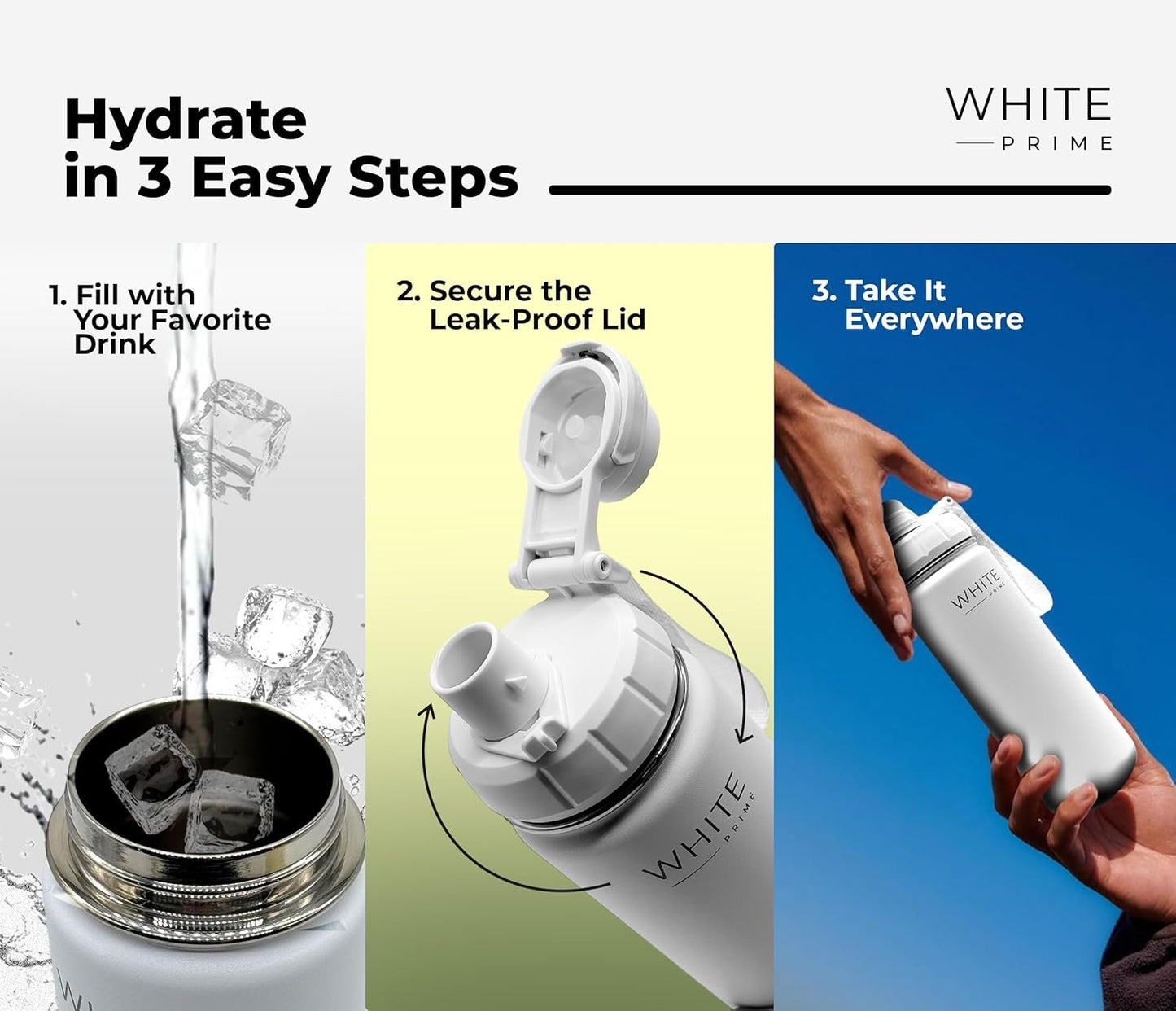 WHITE Prime | 18 oz Water Bottle | Wide Mouth | Drinkware Flasks