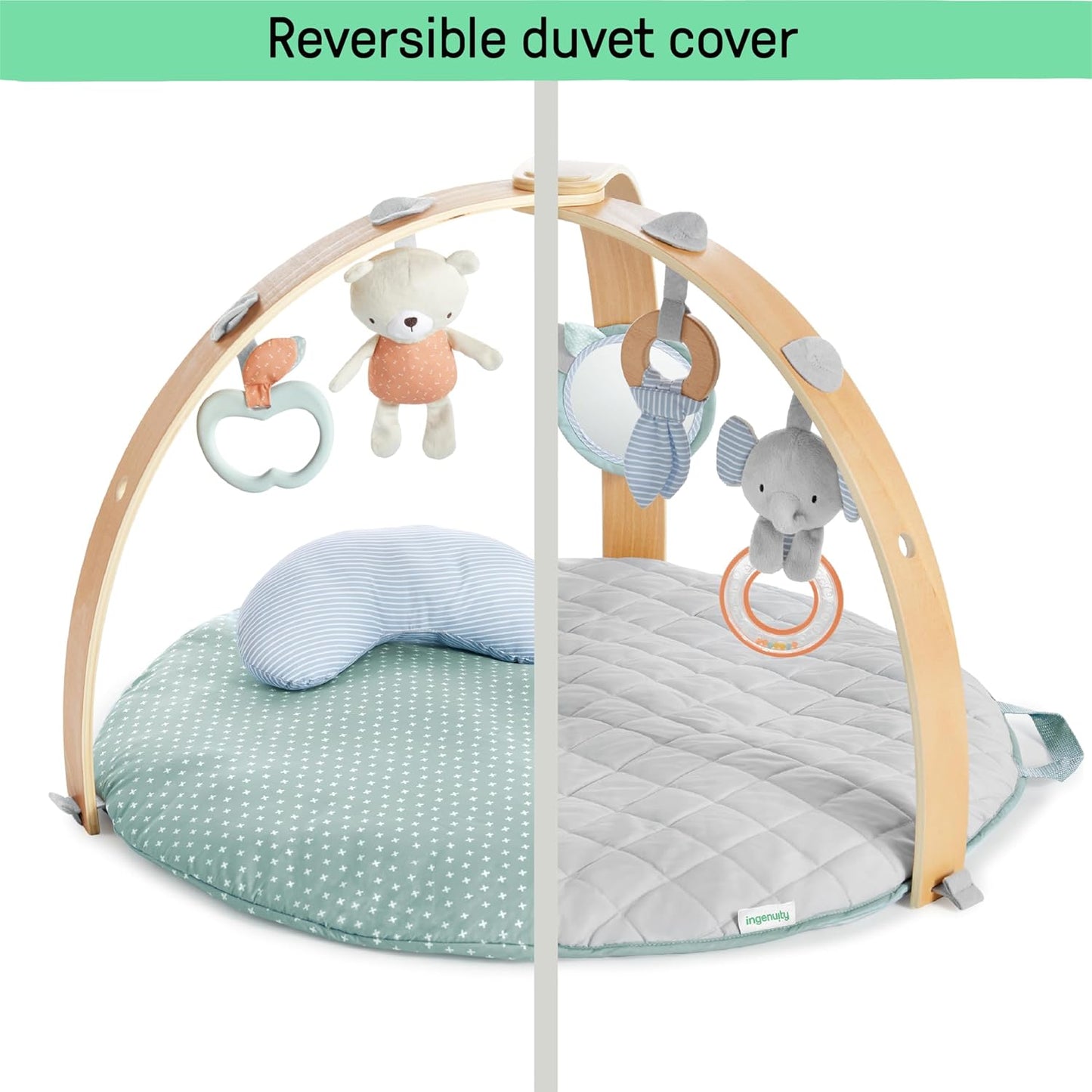 Ingenuity Cozy Spot Reversible Duvet Activity Gym & Play Mat with Wooden Toy bar - Loamy, Newborn and up