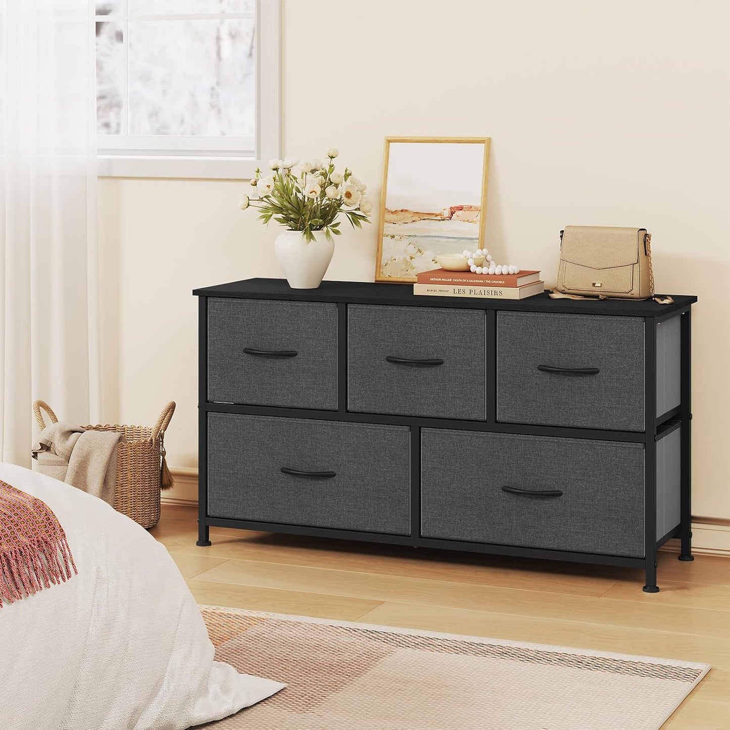 WOLTU Bedroom Chest of Drawers with 5 Drawers with 2 Tiers in Fabric, Industrial Cabinet, Metal and Wood Frame, Wood Effect, Black+Dark Grey, 100 x 30 x 54 cm