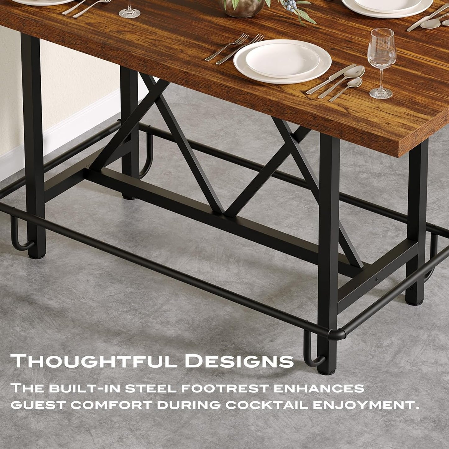 Tribesigns Bar Table, Industrial Counter Height Pub Table with Metal Footrest, 63-Inch Rectangle Wood Kitchen Dining Table with Sturdy Metal Frame for Dining Room, Home Bar (Brown)