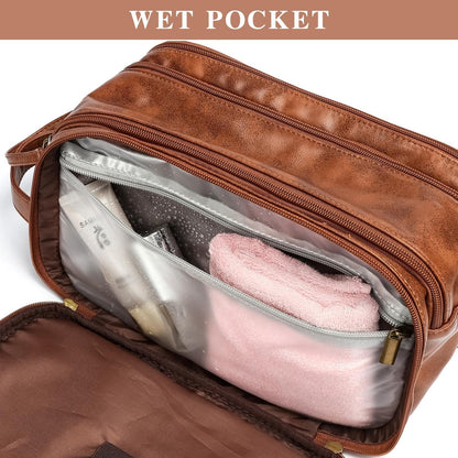 Toiletry Bag Men's PU Leather Toiletry Bag Wash Bag for Travel Toilet Bag Men Organiser Dopp Kit Cosmetic Bag, Brown