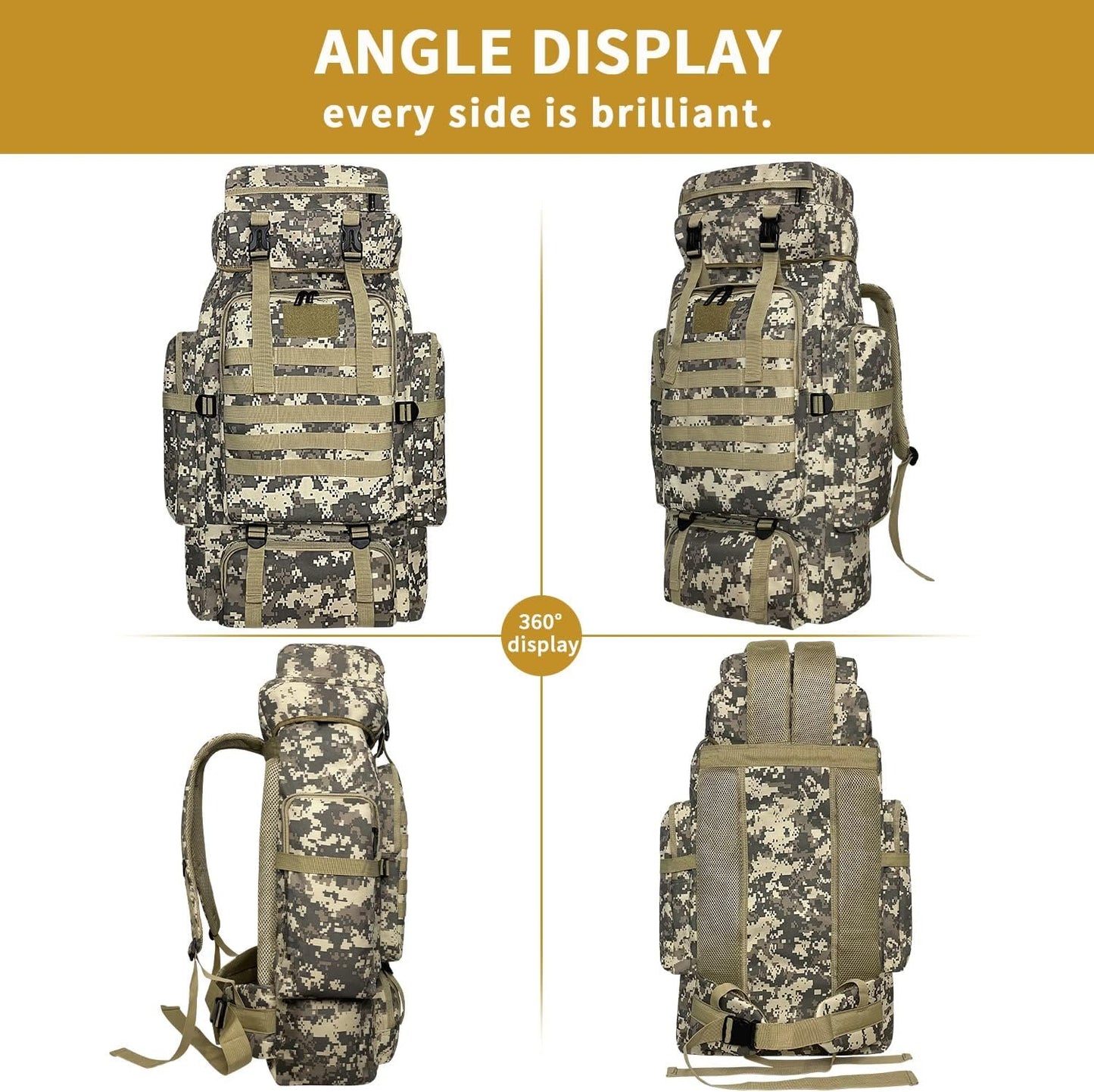 Vaupan Hiking Backpack, 80L Camping Backpack, Waterproof Large Outdoor Sport Travel Daypack Molle Rucksack for Men Women