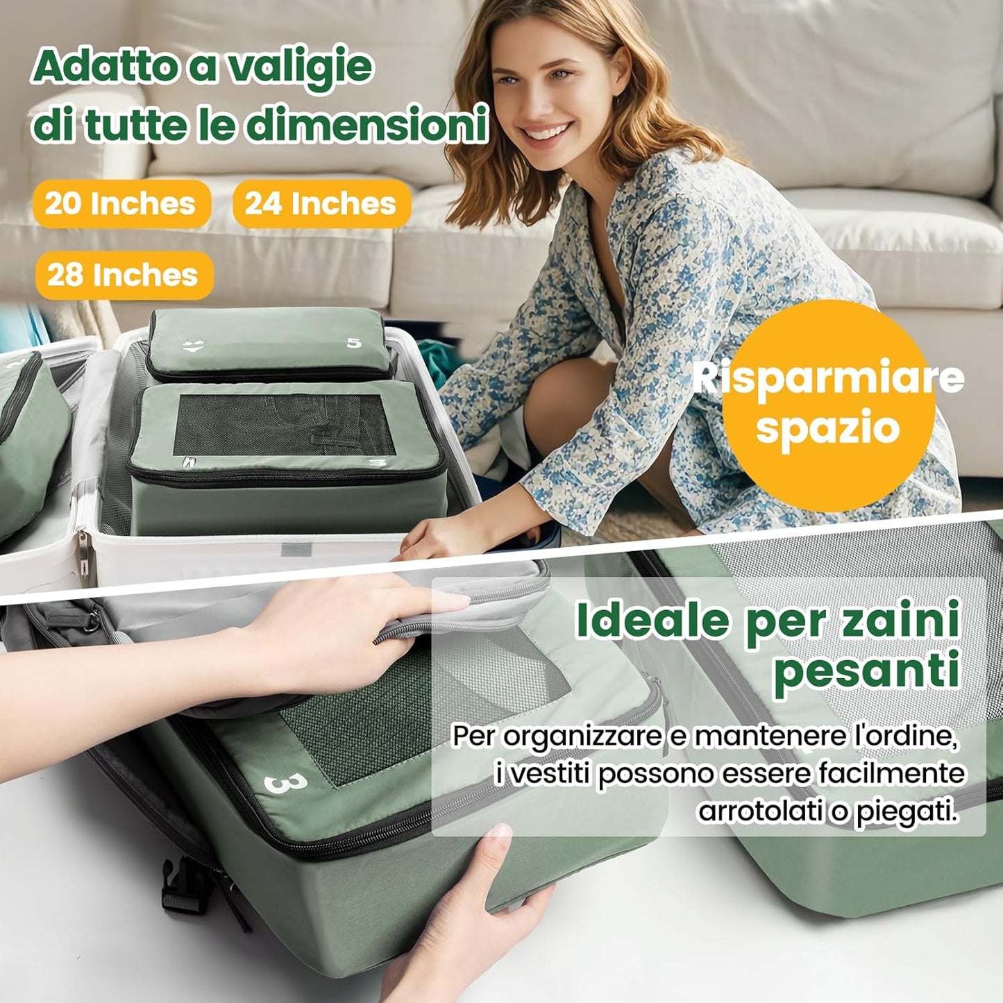 8 Piece Packing Cubes Travel Organizer Suitcase Space-Saving Travel Accessories for Backpack Suitcase Green