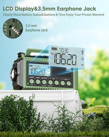 12000mAh Portable Emergency Weather Radio with Solar Hand Crank Rechargeable,7 NOAA Stations & AM/FM/Shortwave Radio, Reading Lamp, Flashlight, SOS, USB Charging Port, 3.5mm Earphone Jack for Survival