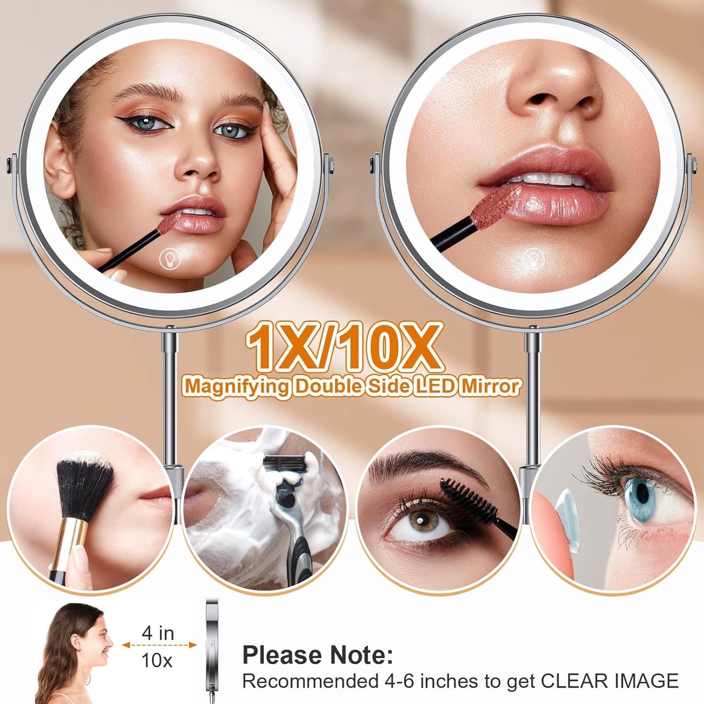 Lighted Makeup Mirror with Height Adjustable, 9” Rechargeable LED Magnifying Mirror with 3 Dimmable Colors, 1X 10X Double Sided Vanity Mirror with Lights, 360° Rotation Touch Screen Makeup Mirror