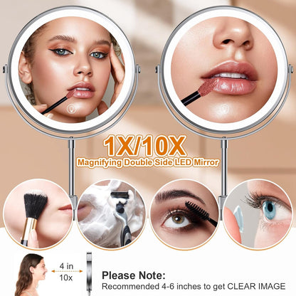 Lighted Makeup Mirror with Height Adjustable, 9” Rechargeable LED Magnifying Mirror with 3 Dimmable Colors, 1X 10X Double Sided Vanity Mirror with Lights, 360° Rotation Touch Screen Makeup Mirror
