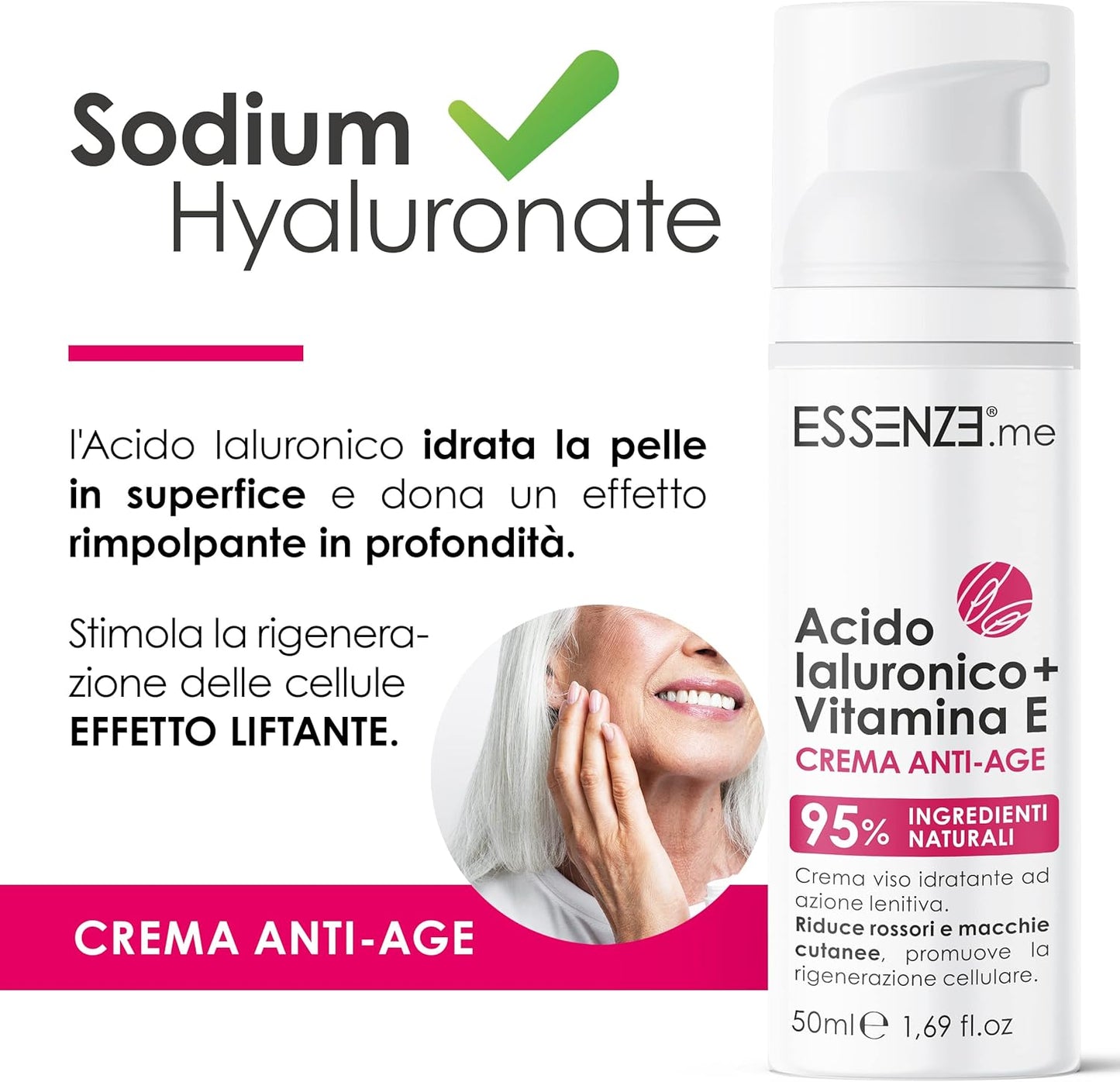 Anti-Wrinkle Face Cream Hyaluronic Acid and Vitamin E | 95% Natural | Moisturizing, Soothing and Liftant Action for Face and Eye Contour | 50 ml