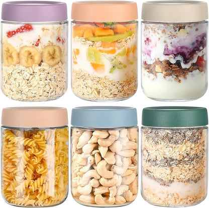 6 Pack Overnight Oats Containers with Lids, Glass Jars with Airtight Lids,Wide Mouth Mason Jars 500ml, Food Glass Storage Containers for Leftover, Snacks Yogurt Spice Suga (6)
