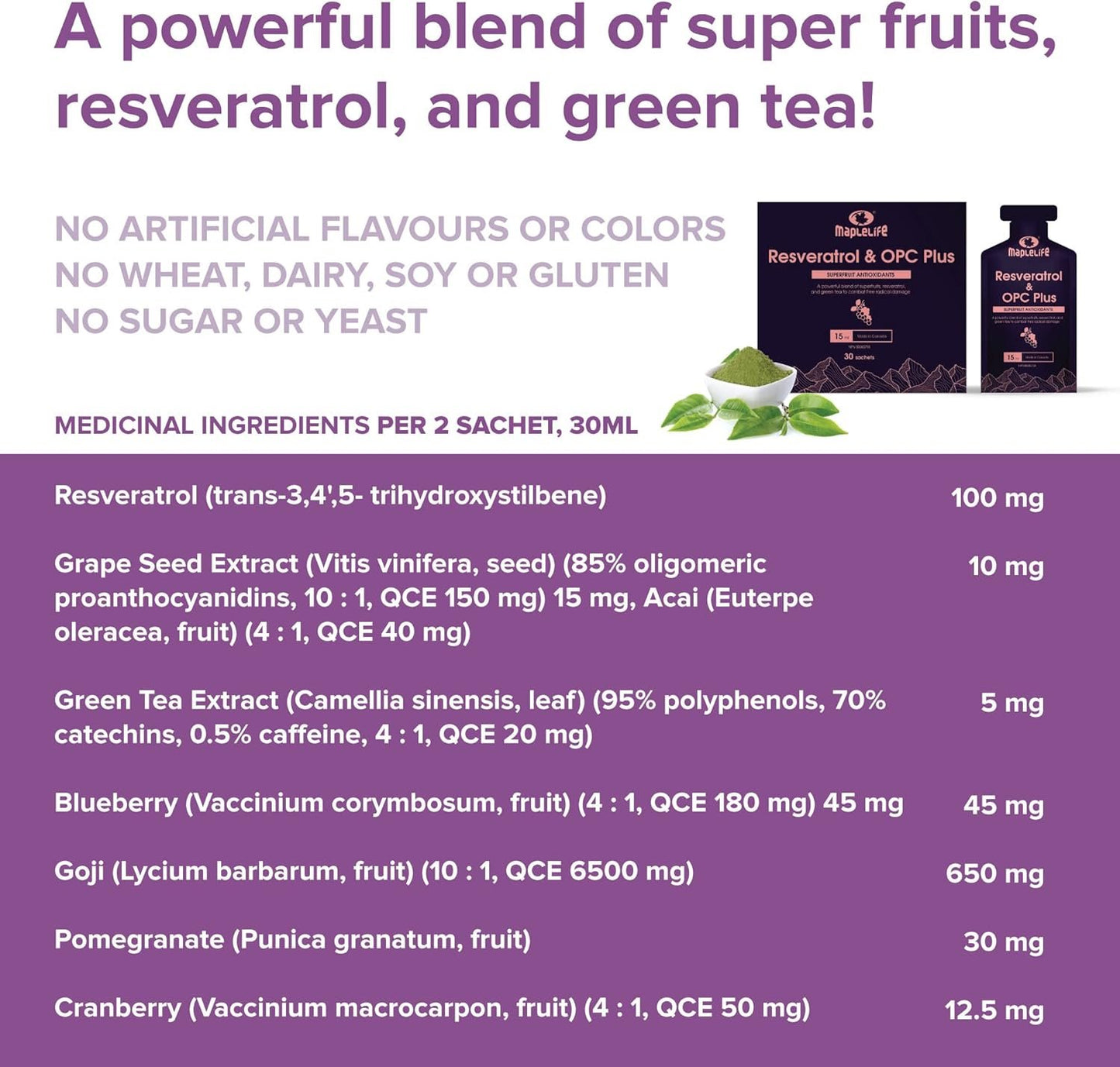 Resveratrol Antioxidant Supplement- OPC Plus- Trans Resveratrol for Excellent Skin Health and Heart, Circulation, Liver with Grape Seed, Green Tea Extract, Goji and Pomegranate - 30 Sachets