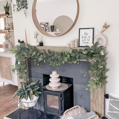 Eucalyptus Garland With White Flowers, 4 Packs 180cm Silver Dollar Eucalyptus Boxwood Gypsophila Vines for Wedding Party Mantle Table Runner Home Decor