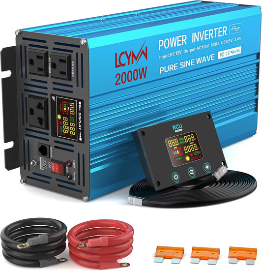 LCYMW 2000 Watt Inverter Pure Sine Wave DC 12V to 110V AC Power Inverters with 3 AC Charger Outlets, Car Inverter Solar Power Inverters for Vehicles Home with LCD Display and 2.4A USB Charging Ports