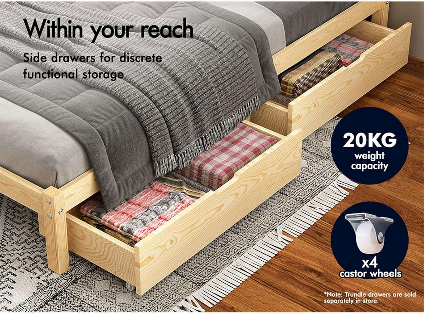 ALFORDSON Bed Frame Double Wooden Bed Base with Solid Wood Pine Timber Slats, Mattress Base Platform Support, Oak Bed Foundation with Storage Space, Beatrix Series Home Bedroom Furniture