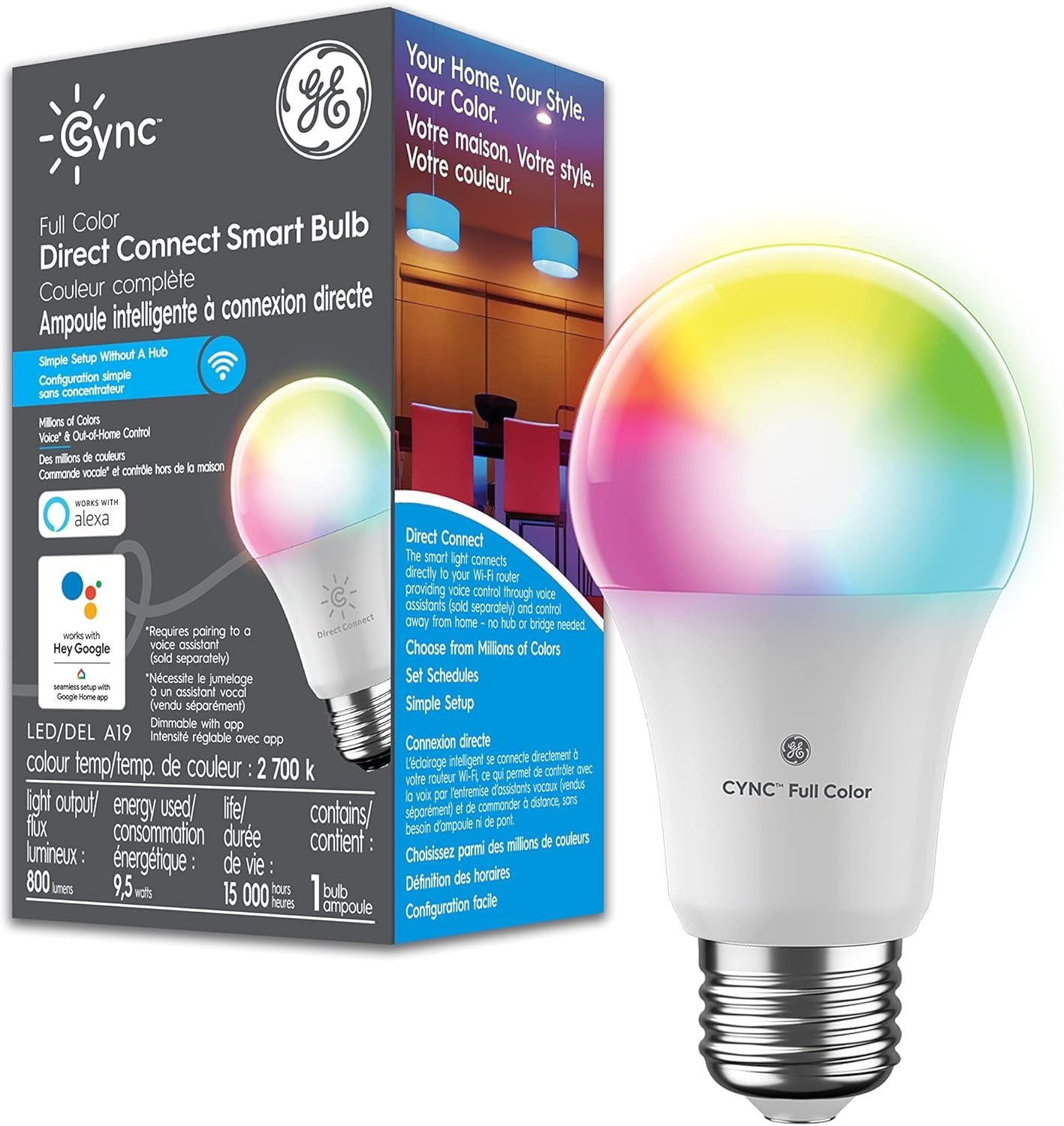 GE Cync Full Colour Direct Connect Smart Bulb A19, 60W Replacement, Bluetooth/Matter/WiFi Enabled, Works with Alexa, Google Assistant Without Hub, 1-Pack