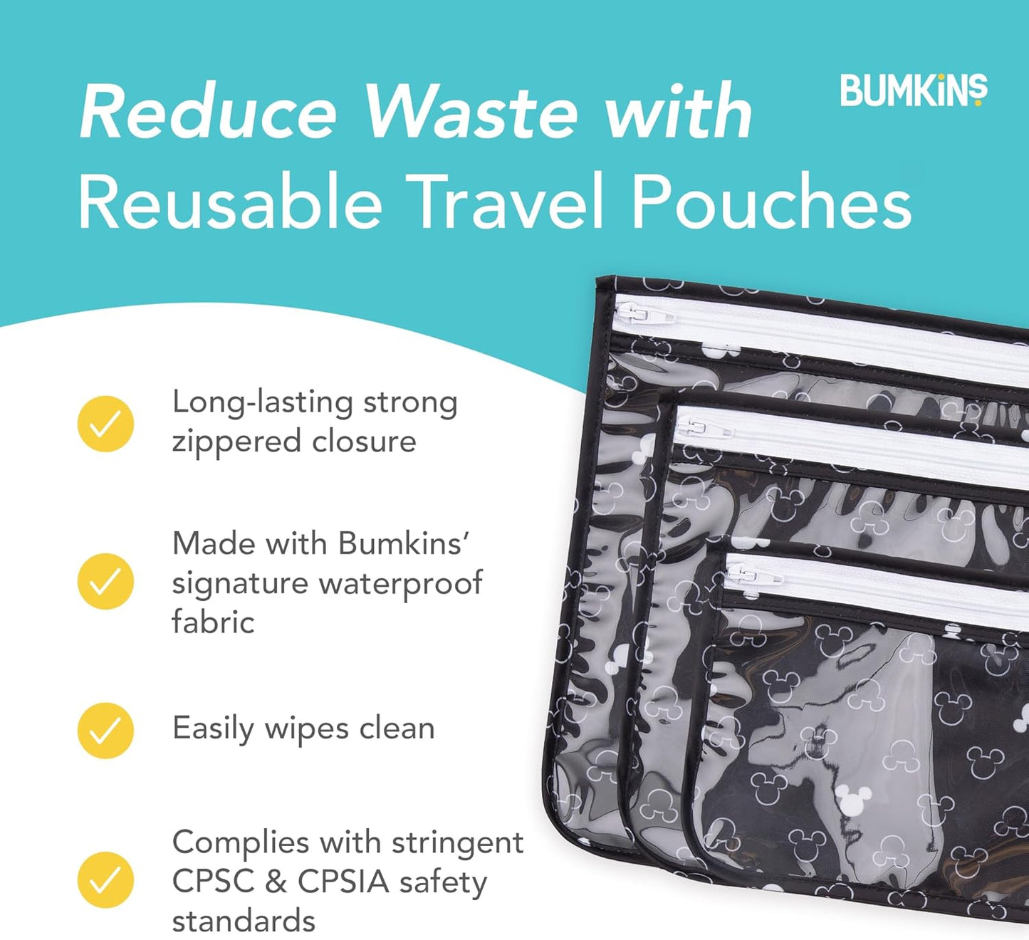 Bumkins Travel Bag, Disney Mickey Mouse Toiletry, Baby, TSA Approved Pouch, Zip Bag, Quart Size Compliant, Clear-Sided, Diaper Bag Organization, Makeup, Accessories