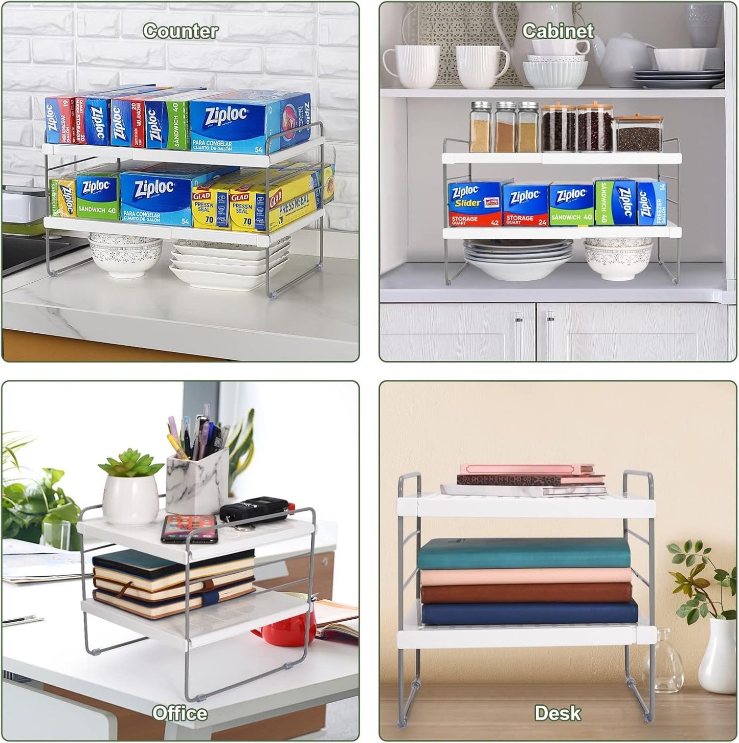 Pantry Organization and Storage for Kitchen - Expandable Home Bathroom Kitchen Cabinet and Counter Shelf Organizer, Height & Width Adjustable Cupboard Storage Rack - (1 Set of 2 shelves)