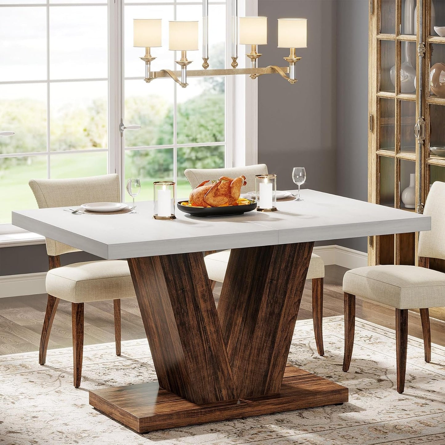 Tribesigns 47-Inch Dining Table for 4, White Kitchen Dinner Table with Heavy Duty Pedestal, Farmhouse Wooden Eating Table for Home, Dining Room, Small Space