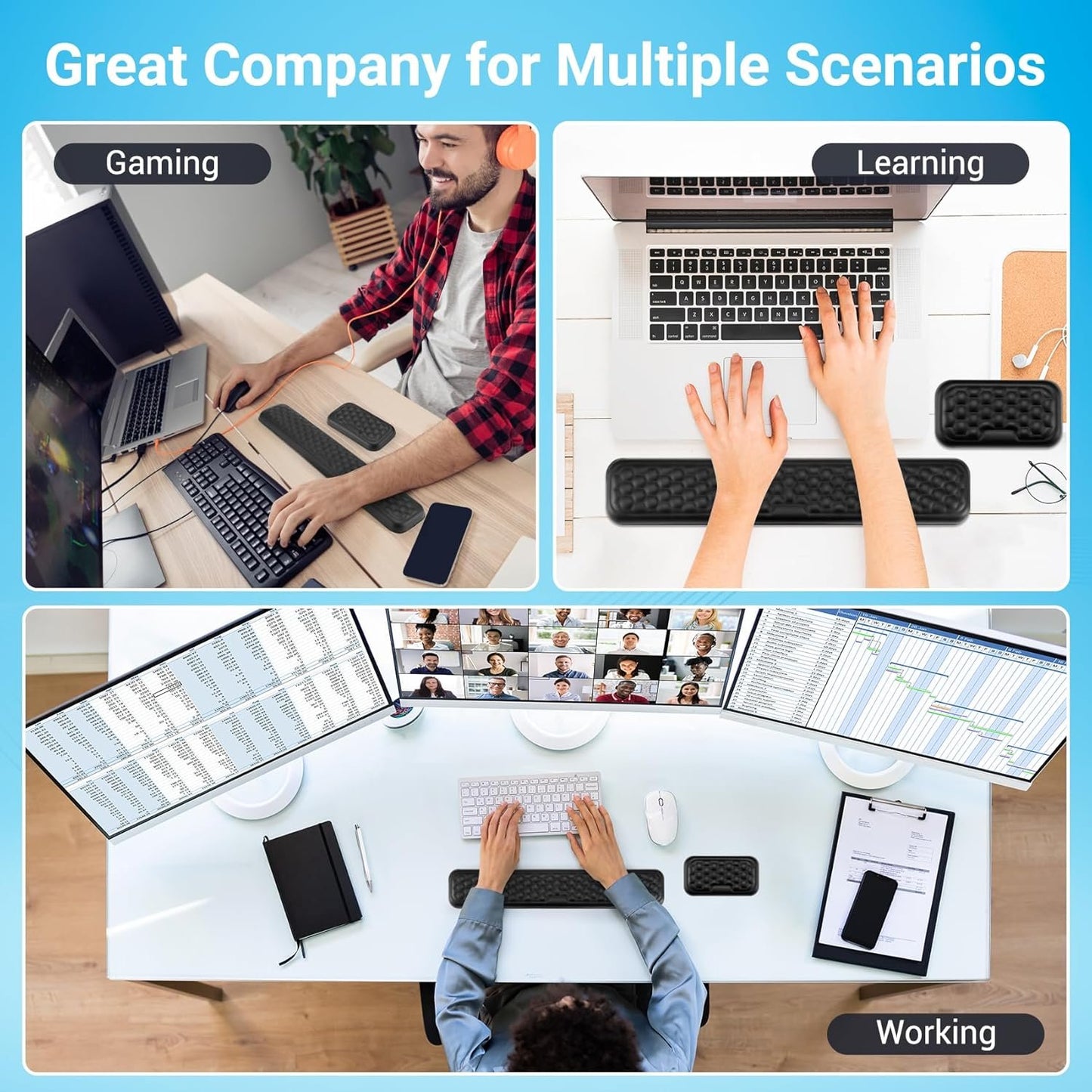 Hcskoss Keyboard Mat Set - Keyboard Wrist Rest Elbow Rest Pad Keyboard Mat Ergonomic Keyboard Mouse Pad with Wrist Support,Soft Memory Foam & Anti-Slip Base & Pain Relief for Office,Computer Gaming