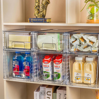 Zero Zoo 4Pack Large Stackable Kitchen Storage Drawers, Clear Foods Organizer Bins with Handles, Easily Assemble for Bathroom, Kitchen, Pantry, Cabinet, Closet (Down Handled)